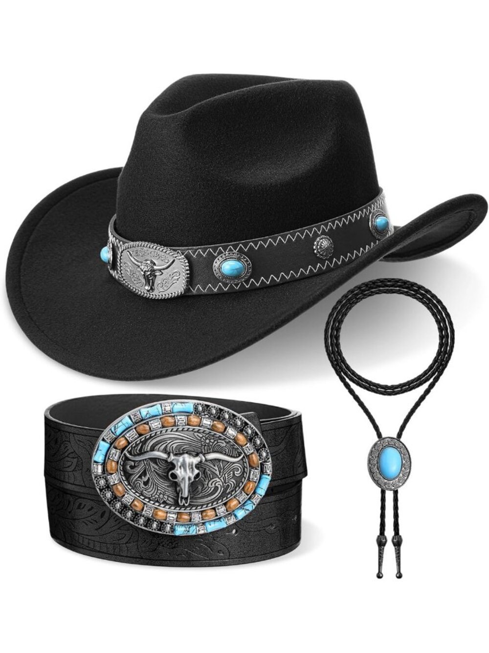 3-Piece Western Accessories Set for Women & Men - Cowboy Hat, Bandana & Belt